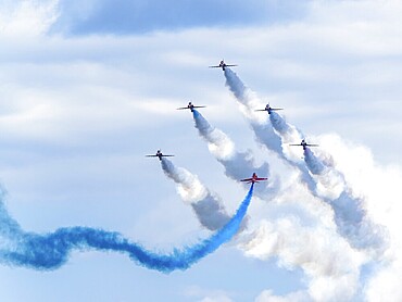 Red Arrows, Royal Air Force Aerobatic Team, Airshow 2024, Teignmouth, Devon, England, United Kingdom, Europe