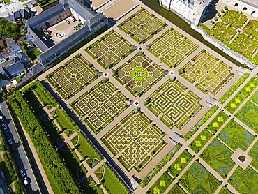 Geometric gardens with manicured paths, symmetrically arranged as part of a castle complex, aerial view, Villandry Castle, Renaissance, Tours, Loire Valley, Centre-Val de Loire, France, Europe