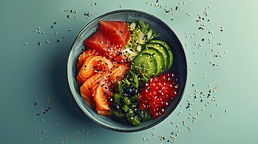 Poke bowl on blue background, AI generated