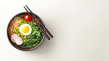 Poke bowl with chopsticks on white background with copy-space, AI generated