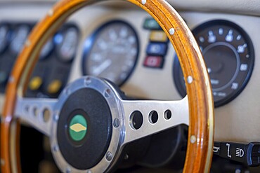 Steering Wheel and Instrument Panel on an Old Classic Car in Switzerland