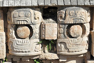 El Palacio, Palace of Kabah, Kabah, Yucatan, Mexico, Central America, detailed view of an ancient stone mask with decorative elements, Central America