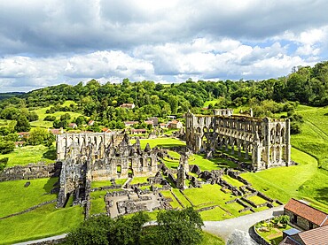 Rievaulx Abbey from a drone, North York Moors National Park, North Yorkshire, England, United Kingdom, Europe