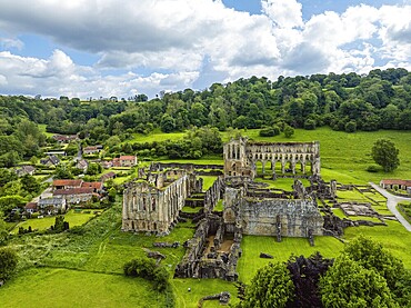 Rievaulx Abbey from a drone, North York Moors National Park, North Yorkshire, England, United Kingdom, Europe