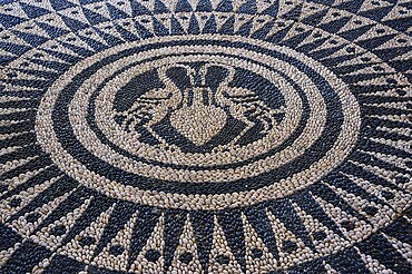 Detail of an artistically designed mosaic with a symmetrical pattern in black and white, thermal springs, thermal baths, thermal baths of Kallithea, Kallithea, Rhodes, Dodecanese, Greek Islands, Greece, Europe