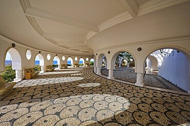 Interior of a circular building with open arches and a view of the sea, the floor is artfully tiled, thermal springs, thermal baths, thermal baths of Kallithea, Kallithea, Rhodes, Dodecanese, Greek Islands, Greece, Europe