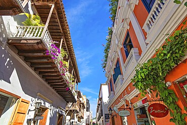 Cartagena, Colombia – 18 February, 2020: Famous colonial Cartagena Walled City (Cuidad Amurrallada) and its colorful buildings in historic city center, a designated UNESCO World Heritage Site