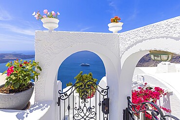 Greece Islands, scenic panoramic sea views of Santorini island from top outlook of Fira village