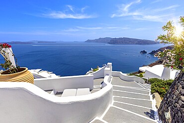 Greece, Greek Islands cruise, scenic panoramic sea views from top outlook of Oia, Europe