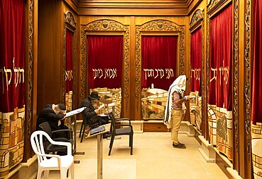 Jerusalem, Israel, 15 April, 2022: Orthodox jews is praying in synagogue near Sacred Western Wailing Wall in Jerusalem Old City, Asia