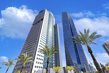 Israel, Tel Aviv financial business district skyline includes shopping malls and high tech offices, Asia