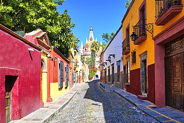 Mexico, Colorful buildings and streets of San Miguel de Allende in historic city center, Central America