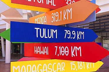 San Miguel de Cozumel, Mexico, Central Plaza and colorful colonial city downtown streets during peak months of high tourist season, Central America