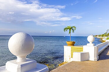 San Miguel de Cozumel, Mexico, sea Malecon route with sculptures and scenic ocean views going along the ocean shore, Central America