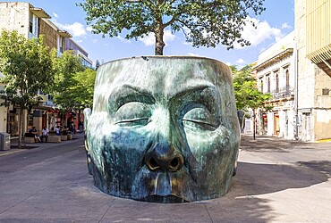 Guadalajara, Jalisco, Mexico, 14 April, 2021: Tourist destination Arbol Adentro face Statue in Guadalajara historic city center favoured by tourists and locals alike, Central America