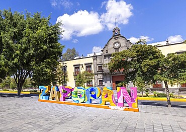 Zapopan, Jalisco, Mexico, 10 September, 2021: Colourful letters of Zapopan central plaza in historic city centre near Zapopan Cathedral Basilica, Central America