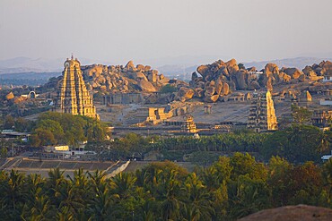 A long distance view of the central ruins, including Virupaksha temple, in Hampi, Karnataka, India. Horizontal