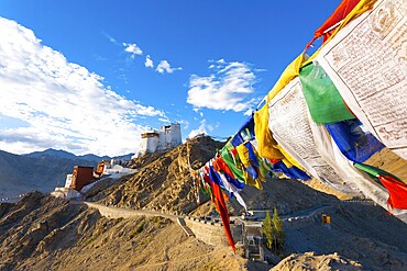 Tsemo Fort and Namgyal Tsemo Gompa atop a mountain Tibetan prayer flags above Leh in Ladakh, India, Asia