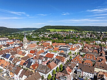 Aerial view of the city centre of Tuttlingen with the Protestant church of St. Peter and Paul, district of Tuttlingen, Black Forest, Baar, Heuberg, Baden-Württemberg, Germany, Europe