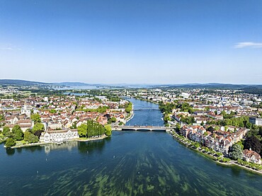 Aerial view of Lake Constance and the Seerhein, also Rhine funnel with the city of Constance and the old Rhine bridge, where the Rhine officially begins at kilometre zero, district of Constance, Baden-Württemberg, Germany, Europe