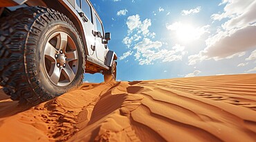 Off-road 4x4 vehicle is driving through a desert with a sun in the background, AI generated