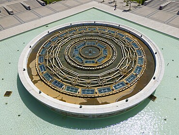 Circular fountain with complex geometric design, embedded in an extensive water landscape in a public square, aerial view, Belém, Belem, Bethlehem, Lisbon, Lisboa, Portugal, Europe