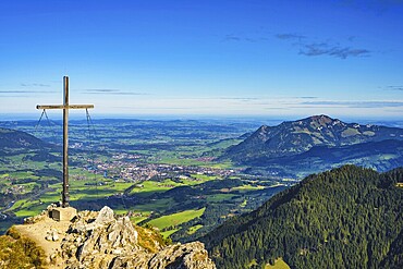 Panorama from Rubihorn, 1957m, into the Illertal valley with Sonthofen and Grünten, 1783m, Allgäu, Bavaria, Germany, Europe