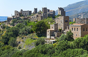 Detailed view of historic stone houses of a hilltop village, residential towers, Vathia, Ithylo, Anatoliki Mani, Mani, Laconia, Peloponnese, Greece, Europe