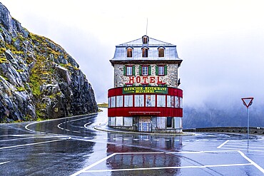 View of Hotel Belvedere at road to pass Furkapass, Kanton Wallis, Swiss Alps, Switzerland, Europe