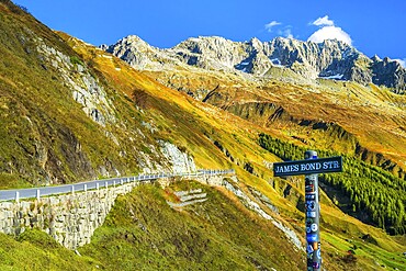 View of road James Bond Street to pass Furkapass, valley of Urserental, Kanton Uri, Swiss Alps, Switzerland, Europe