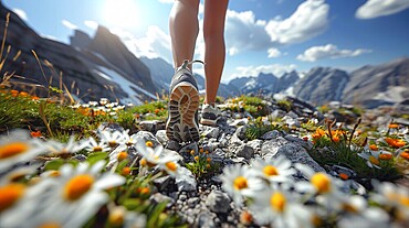 Woman walking on a blooming mountain trail in hiking boots from a ground level angle, AI generated