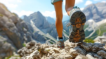 Looking down at blue hiking boots on a rocky mountain trail with a mountain in the background, AI generated