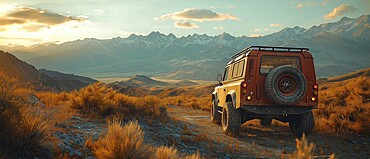 SUV parked on a rugged terrain with mountains in the background under a golden sunset, AI generated
