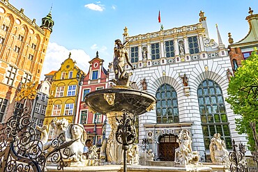 Famous fountain of Neptune in the Old Town of Gdansk, Poland, Europe
