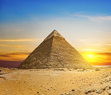 Chefren pyramid at sunset in the desert of Giza, Egypt, Africa
