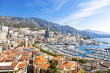 Monte Carlo, August 2022: panoramic view of the city. Monaco port and skyline