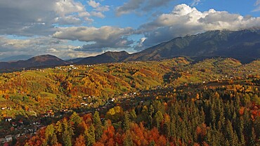 Autumn in Transylvania. Rural aerial landscape at sunset in the Carpathians mountains, Romania, Europe