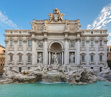 Trevi fountain at sunrise, Rome, Italy. Rome baroque architecture and landmark. Rome Trevi fountain is one of the main attractions of Rome and Italy