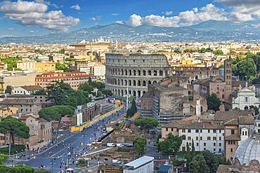 Rome Italy, high angle view city skyline at Roman Forum and Rome Colosseum