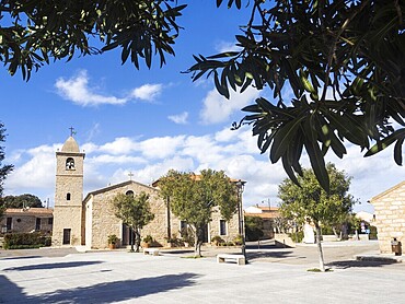 Village square with church, San Pantaleo, Sardinia, Italy, Europe