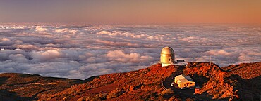 Observatory on the Roque de los Muchachos with clouds at sunset, Caldera de Taburiente National Park, La Palma, Canary Islands, Spain, Europe