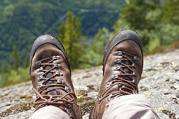 Hiking, trekking, pair of hiking boots, Lårdalstigen near Dalen, Lardalstigen, Telemark, Norway, Scandinavia, Northern Europe, Europe