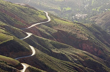 The Tizi-n-Test mountain pass cuts right through the High Atlas mountains being the most direct route from Marrakesh to Taroudant, a berber village in the valley, Morocco, Africa