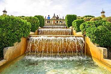 Water features in front of the Palau Nacional de Montjuic, National Palace at Montjuic, Museu Nacional d'Art de Catalunya, Barcelona, Catalonia, Spain, Europe