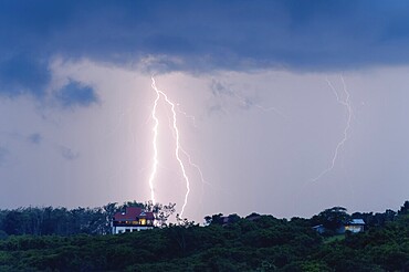 Lightning striking next to a house, Ban Lung, Cambodia, Southeast Asia, Asia