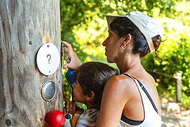 Mother and son touching a tree in a sensory park to enjoy nature and the senses, Black Forest, Germany, Europe