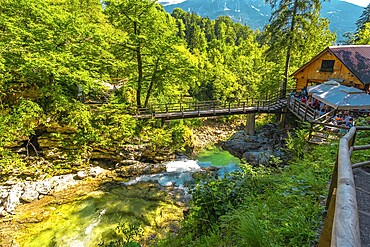 Wooden bridge and restaurant above radovna river flowing through vintgar gorge near bled, slovenia, during a sunny summer day