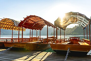 Wooden tourist boats, known as pletnas, moored at a pier on lake bled in slovenia, bathed in the golden light of sunrise
