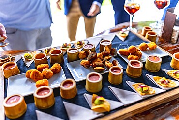 Gourmet appetizers beautifully arranged on a tray at a wedding reception, featuring various finger foods and drinks, creating an elegant dining experience
