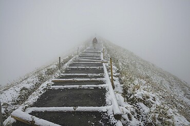Climber in winter, thick fog, summit ridge to Fellhorn, Allgäu Alps, Bavaria, Germany, Europe